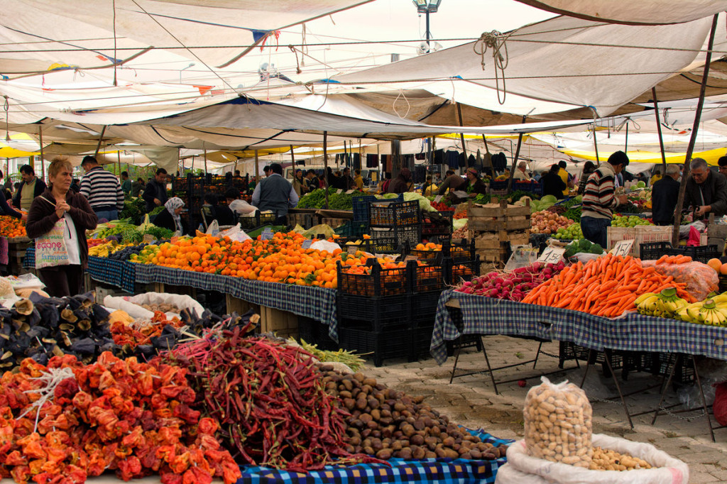 Fresh fruit and veggies overflowing in the market