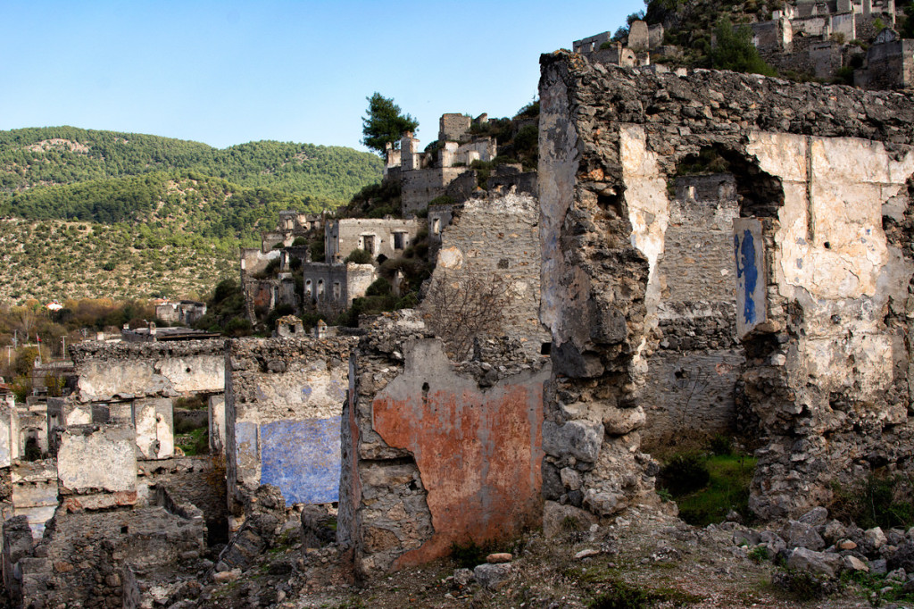 Crumbling ruins, portions of the exterior paint are still visible 